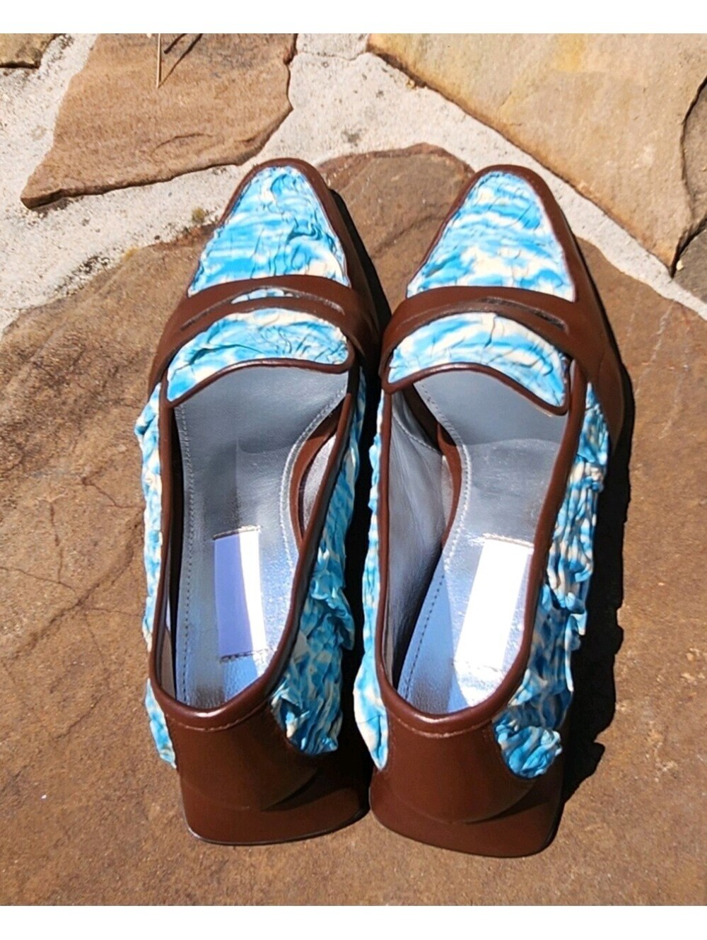 Suzanne Rae Aqua Plisse Ruffle Pointed Loafers NWOB Blue Cream US 7 - Picture 2 of 6